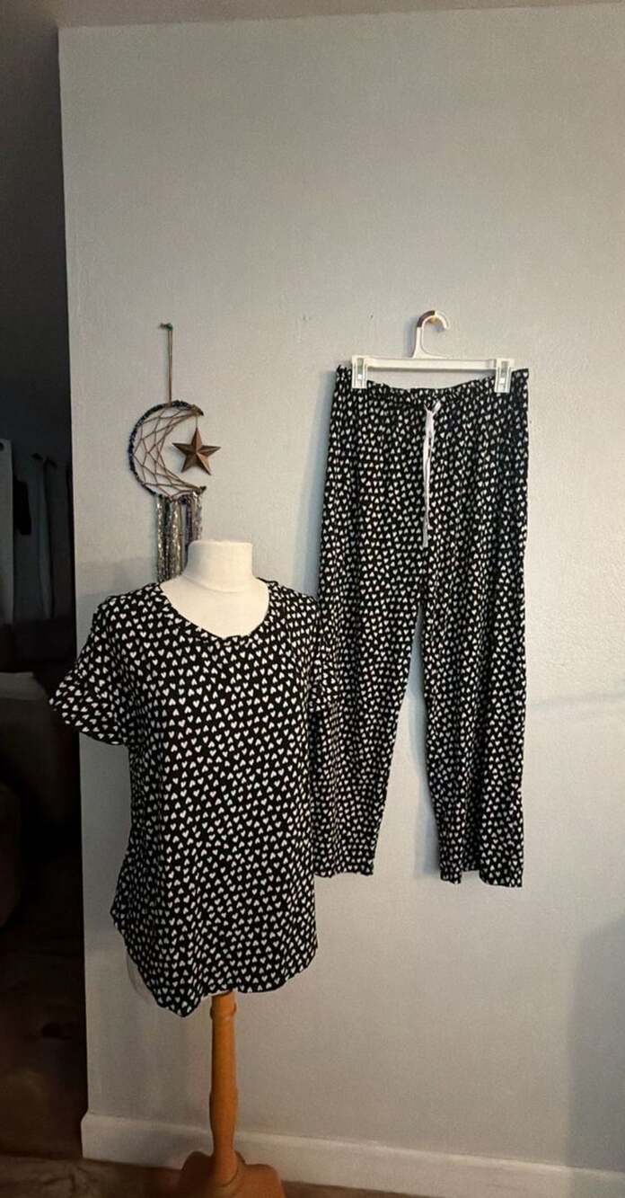Anne Klein Pajama Set Size L Black White Heart Print Sleepwear